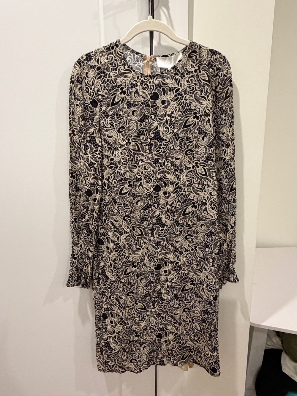 Boss Long Sleeve Paisley Sheath Dress in Black and Cream